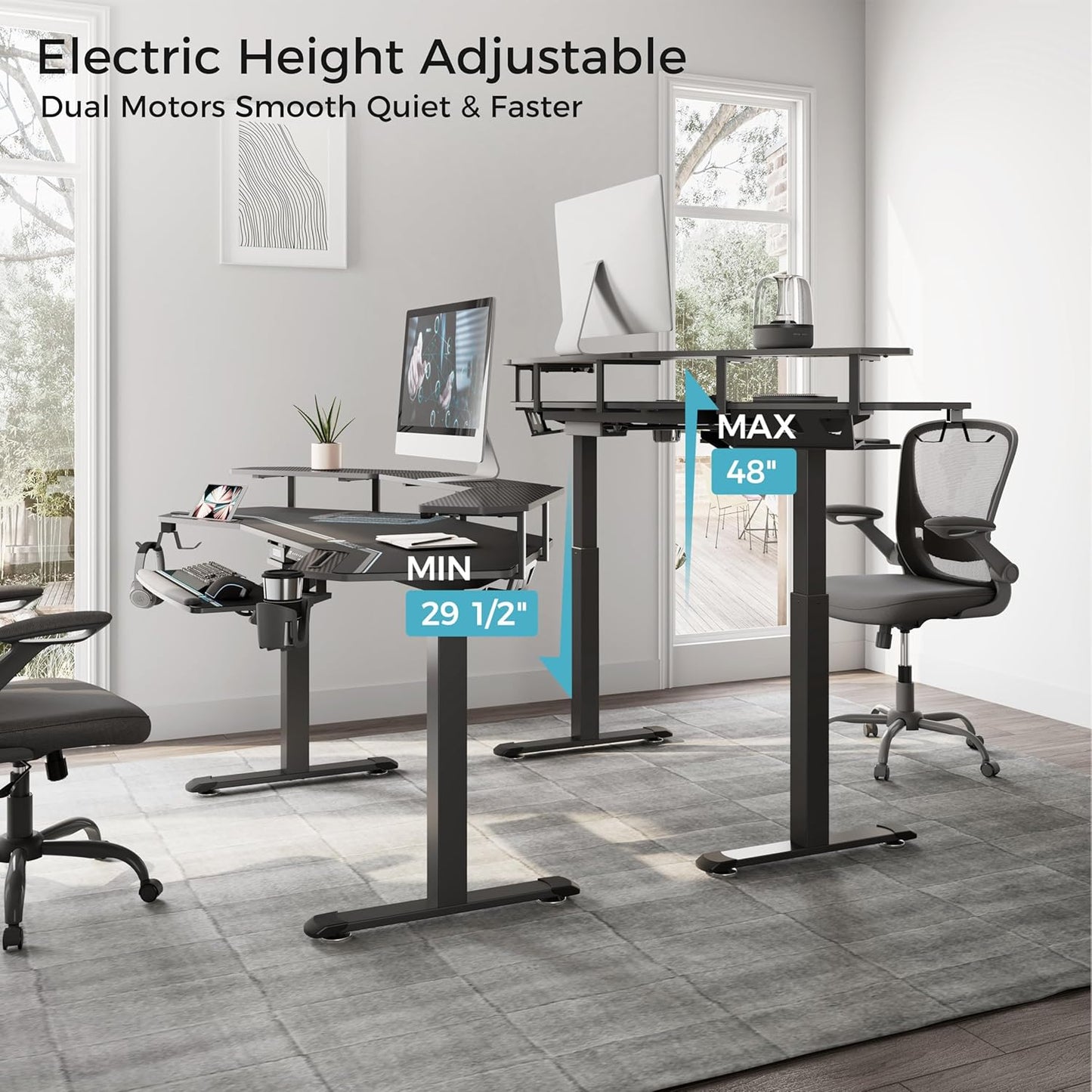 Gaming Desk, Standing Desk W Keyboard Tray, 72" Wing Shaped Music Studio Table with LED Shelves, Gaming Recording Live Stream, Slot Design