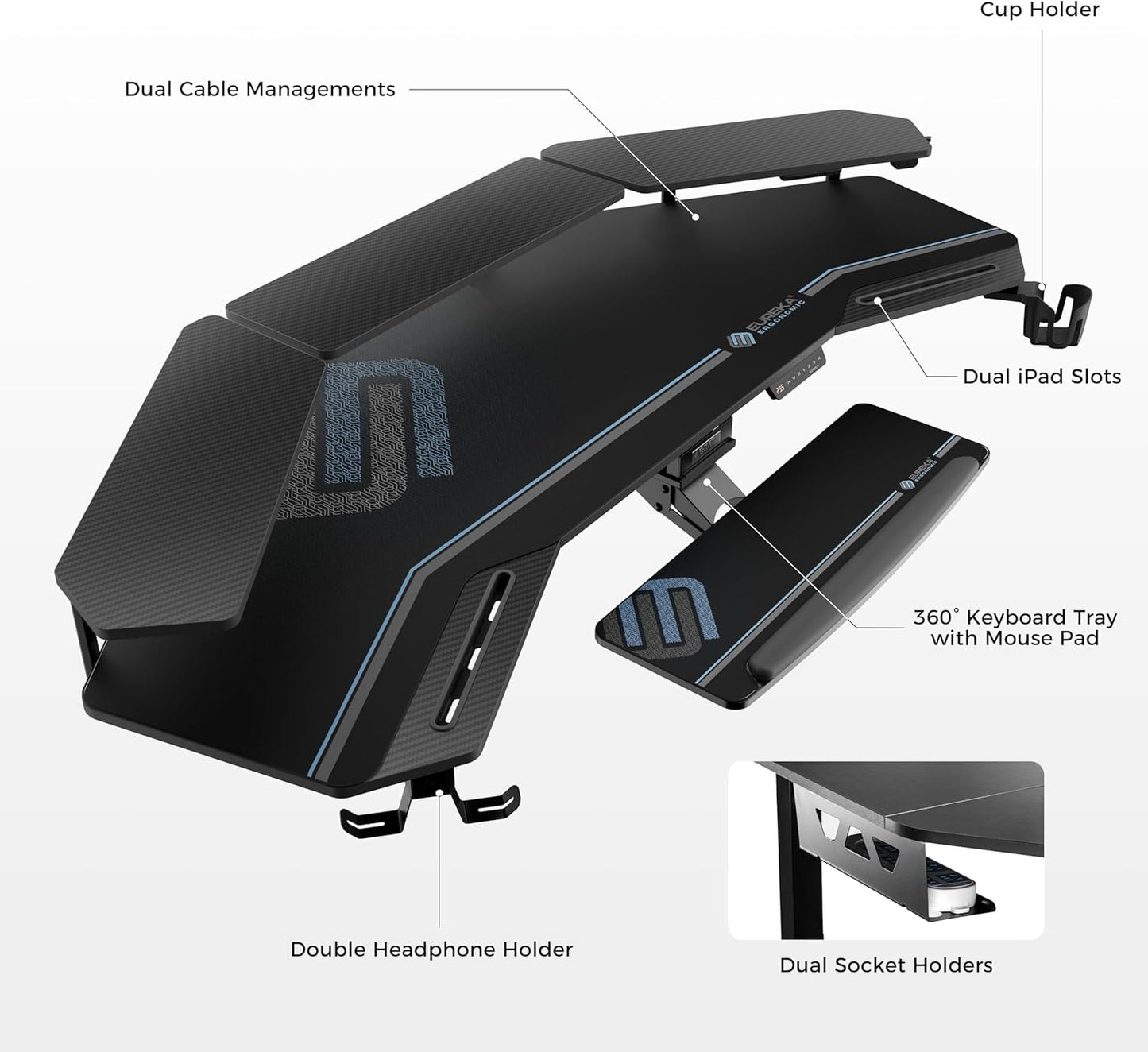 Gaming Desk, Standing Desk W Keyboard Tray, 72" Wing Shaped Music Studio Table with LED Shelves, Gaming Recording Live Stream, Slot Design