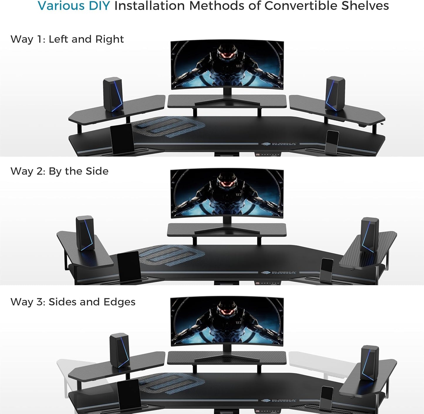 Gaming Desk, Standing Desk W Keyboard Tray, 72" Wing Shaped Music Studio Table with LED Shelves, Gaming Recording Live Stream, Slot Design