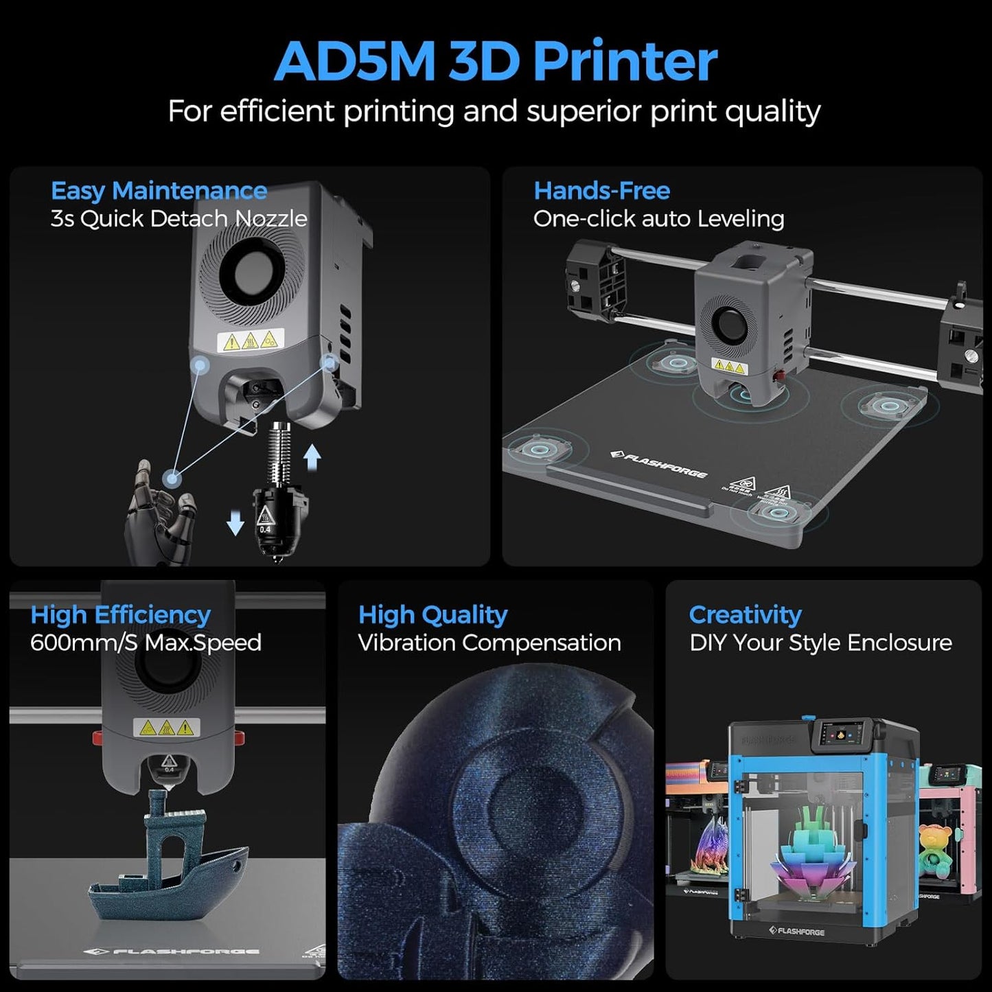 Adventurer 5M 3D Printer, Home Printer with Fully Auto Leveling, 600Mm/S High Speed Printing, 8.7 X 8.7 X 8.7'', Black