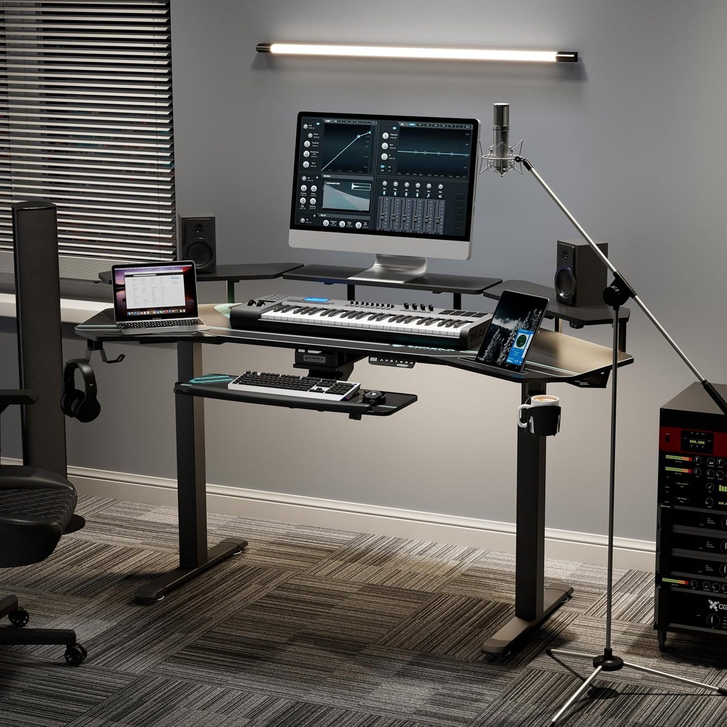 Gaming Desk, Standing Desk W Keyboard Tray, 72" Wing Shaped Music Studio Table with LED Shelves, Gaming Recording Live Stream, Slot Design