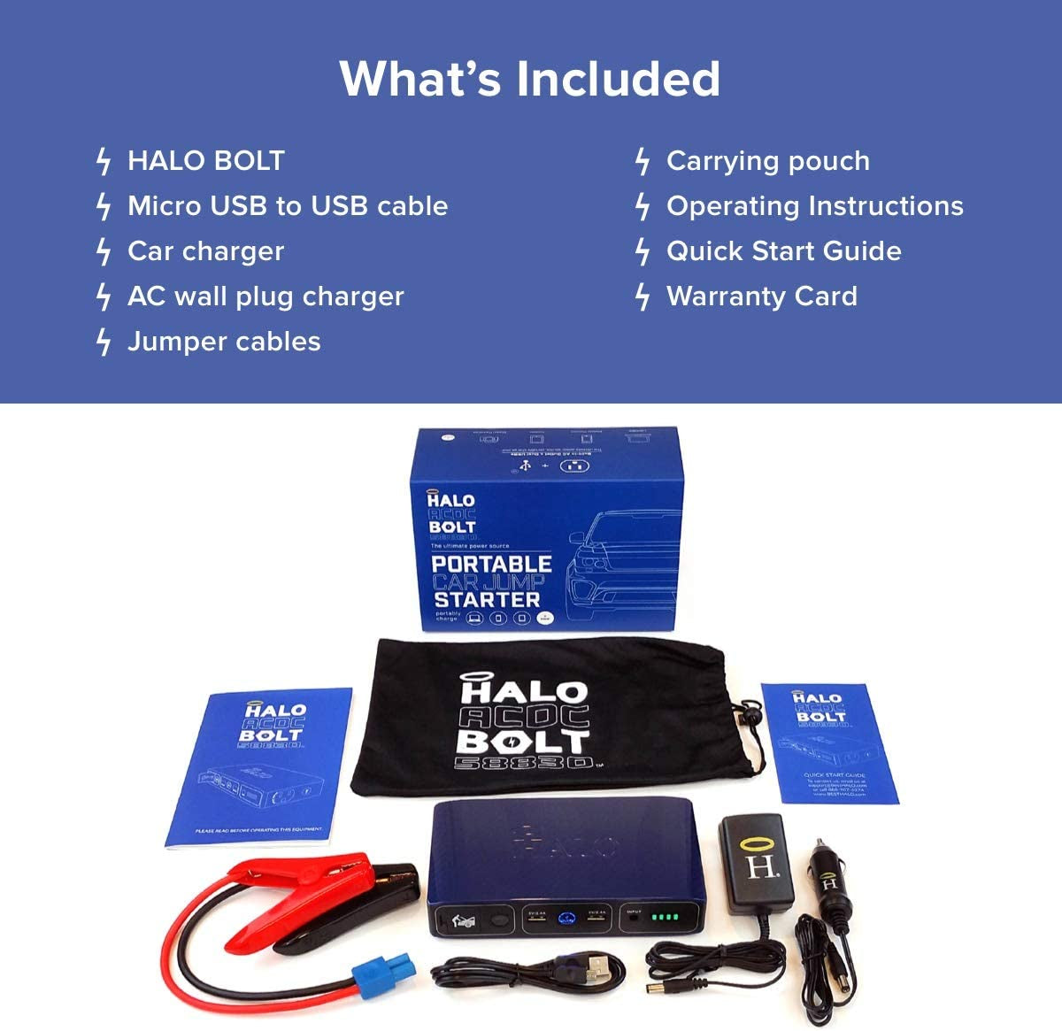 Bolt 58830 ACDC Portable Car Battery Jump Starter | 58.8Wh USB Power Bank with AC Outlet, Emergency Floodlight & Charger, Jumps Cars Suvs & Trucks, Powers Phones & Laptops, TSA Approved — Black