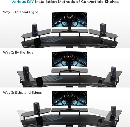 Gaming Desk, Standing Desk W Keyboard Tray, 72" Wing Shaped Music Studio Table with LED Shelves, Gaming Recording Live Stream, Slot Design